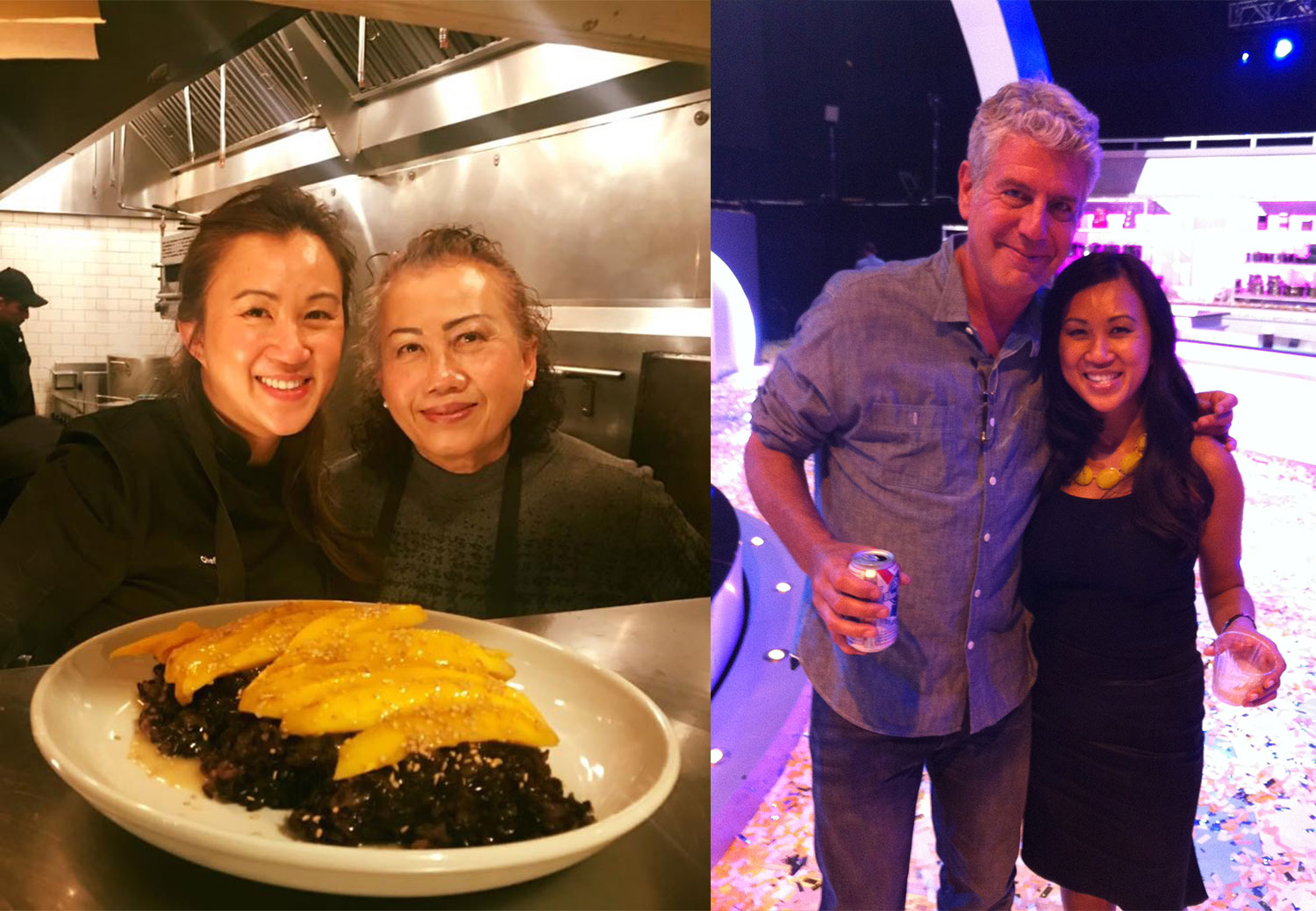 Uno Immanivong with her mother (at left); Uno with Anthony Bourdain (at right)