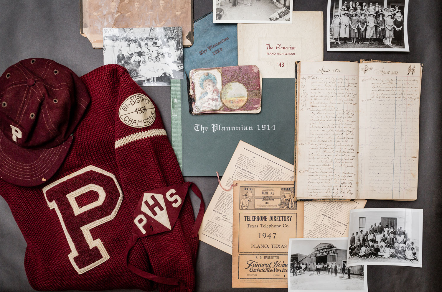 Vintage Plano Senior High School sweater and cap with other memorabilia // photos Jennifer Shertzer