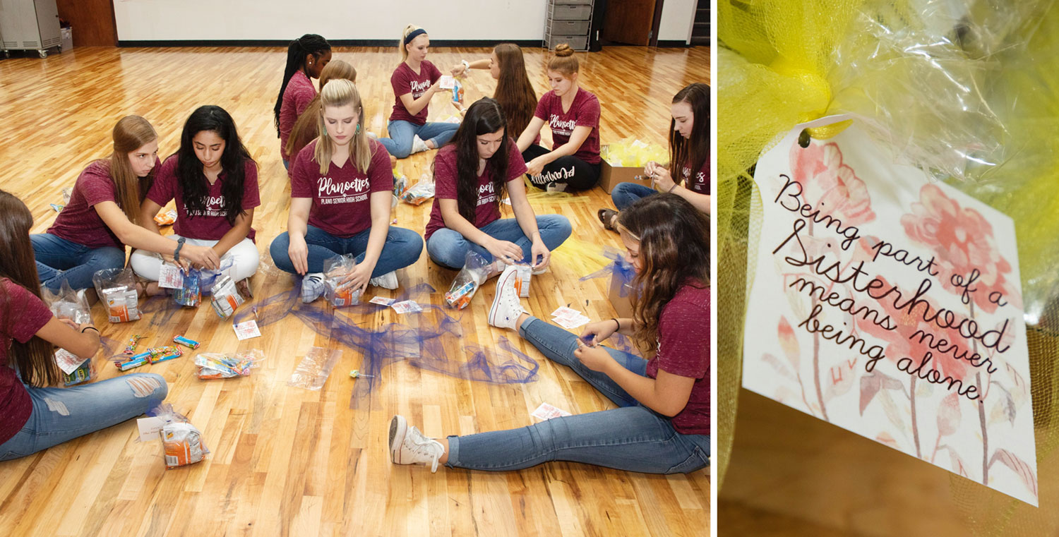 Plano Senior High Planoettes drill team members created bags for the Eastwood High drill team this week 