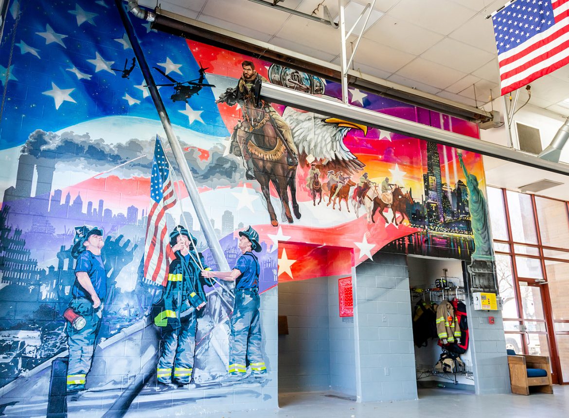 Plano Fire-Rescue Association commissioned a mural, which was completed in March, at Plano Fire Station #8 to honor the heroes of 9/11 // photos Jennifer Shertzer