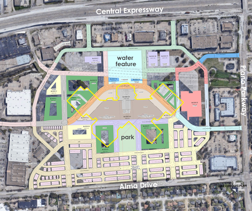 A yellow outline shows the footprint of the original mall; the dark tan area will house shops in the existing central structure of the mall // rendering courtesy Centurion America