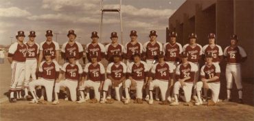 Coach Terry Tuck stands at the top left corner of the 1978 Plano Wildcats varsity baseball team // Steve Ulmer collection, Genealogy Center, Plano Public Library