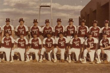 Coach Terry Tuck stands at the top left corner of the 1978 Plano Wildcats varsity baseball team // Steve Ulmer collection, Genealogy Center, Plano Public Library