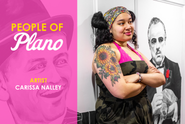 Carissa Nalley with murals she created inside Plano's BAR-Ranch Steak Company / photo Kathy Tran