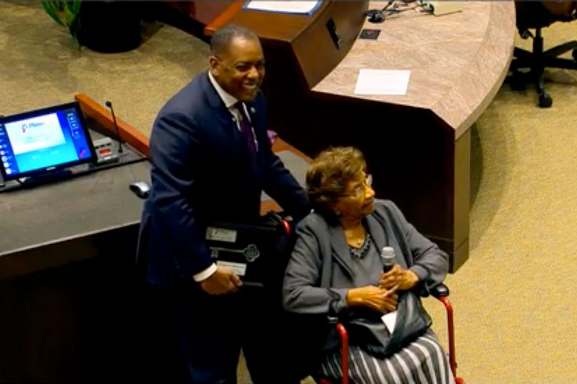 Dr. Myrtle Hightower received the keys to the city from Mayor LaRosiliere Feb. 10 for her outstanding contributions to Plano // courtesy Plano TV