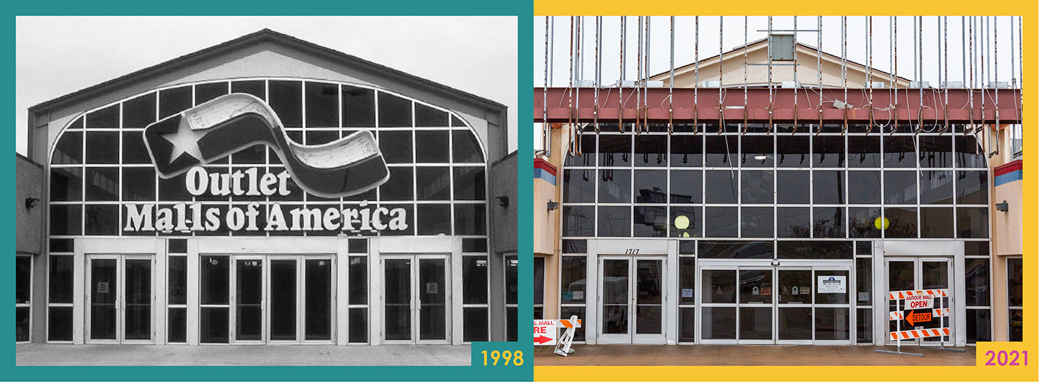 (at left) Mall exterior, 1998 // courtesy Plano: An Illustrated Chronicle; (at right) Mall exterior in February 2021 // photo Jennifer Shertzer