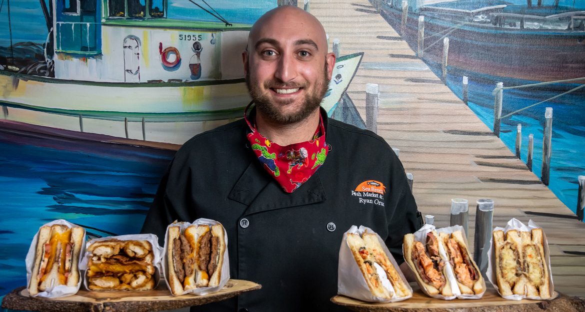Chef Ryan Oruch with grilled cheese sandwich offerings // photos courtesy Plano Grilled Cheese Company