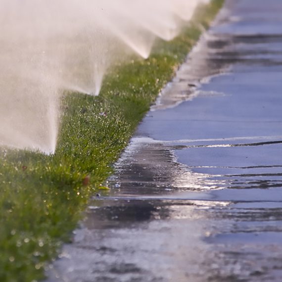Sprinklers water the grass in the early morning and excess water runs off into the sidewalk