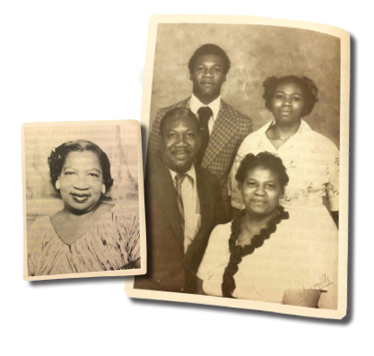 Millie Stimpson Birks, Eddie’s (Sarge’s) mother. (left) Eddie Stimpson, Jr., wife Willie Ray, son Ivory Tyrone and daughter Donna M. (right)