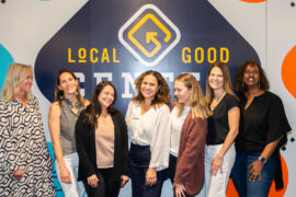 LGC advocacy director Jennifer Creech, wellness director Nicole Antovoni, administrative assistant Mariana Montilla, executive director Julissa Estrada, resident Kally DeBusk, job readiness director Maya Quinn and eduction director Simret Ingram make up the staff of Local Good Center. Photo by Lauren Allen