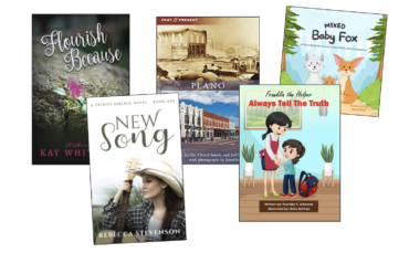 Book covers for Flourish Because; New Song: A Trinity Springs Novel; Plano (Past and Present); Franklin the Helper series: Be Grateful and Always Tell The Truth; and Mixed Baby Fox