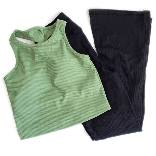 Plano Gift Guide top and pants from Urban Core. Mono B Black Ribbed Flare Leggings, Mono B Ribbed Twisted Active Top-Sage Green