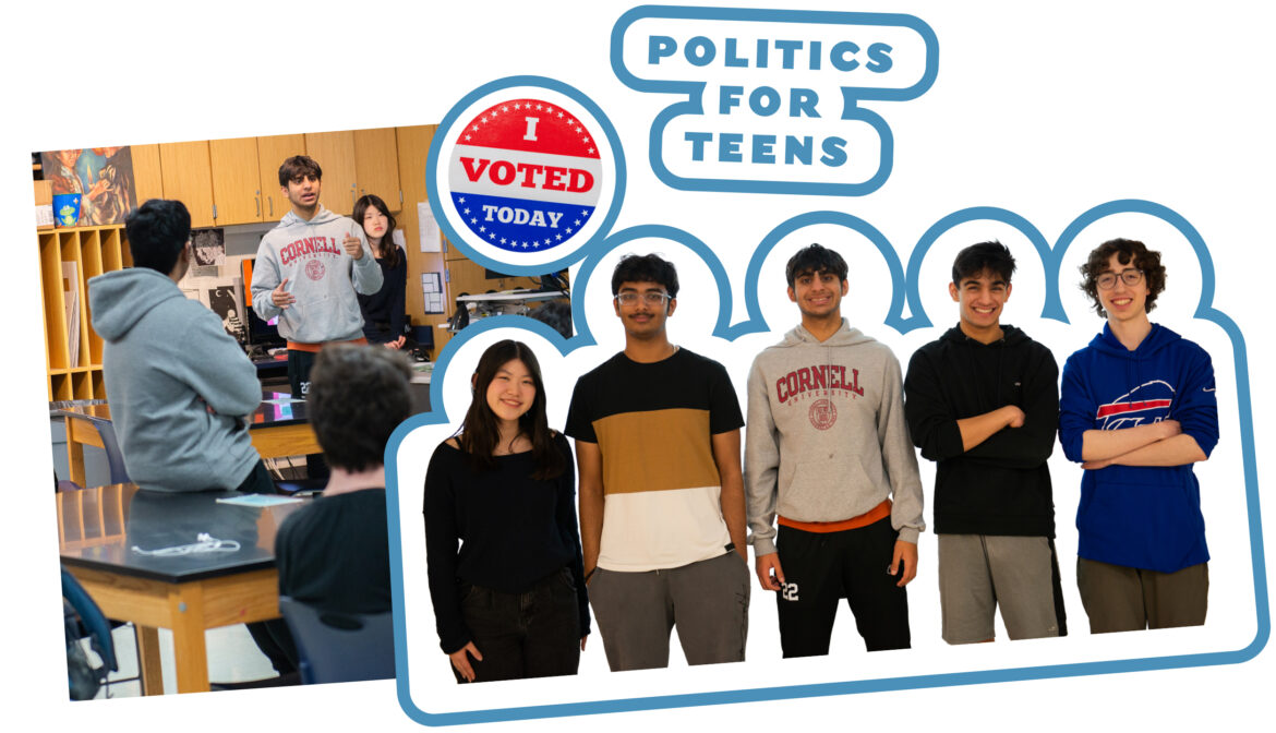 (Top left) Politics for Teens meets after school to discuss different political topics, seeking to come to an agreement on viewpoints and solutions through collaborative conversation. (Above) Members of the group’s board of directors include Julia Liu, Aryan Chilakamarthi, Rizwan Khan, Khosraw Azizi and Max Stephen (left to right) and Aadi Dhar (not pictured). Photography Lauren Allen.