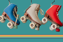 roller skates on aqua background. Photo by Lauren Allen