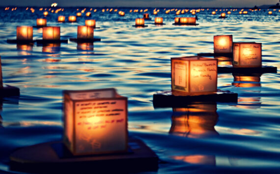 The Lantern Floating Hawaii ceremony. The ceremony allows for a personal and collective moment of remembrance, reflection, and offering gratitude to those who have gone before us.The theme of Lantern Floating Hawaii is "Many Rivers, One Ocean."