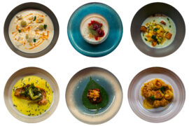 Clockwise from top left: In the June menu, the first course was a blanco soup with marcona almonds, green grapes, crushed rice cracker and kashmir chili; The evening ended with a cardamom and rose panna cotta with berry compote, saffron foam and rose dust for dessert; The sixth dish in the 10-course lineup, titled Summer, was heirloom squash atop sourdough with fresh herbs, a parsley emulsion and cultured buttermilk; The seventh course was a gnudi dish with Goan sausage ragu, crème fraîche, toasted garlic crumble and mint; One course featured Pork belly in gochujang sauce with kimchi and radish on a perilla leaf; A courses featured a snapper with charred green onions and nori spice dust in ikura beurre blanc, a tangy emulsion of butter, shallots and white wine with cured salmon roe.