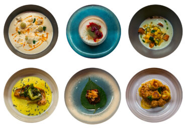 Clockwise from top left: In the June menu, the first course was a blanco soup with marcona almonds, green grapes, crushed rice cracker and kashmir chili; The evening ended with a cardamom and rose panna cotta with berry compote, saffron foam and rose dust for dessert; The sixth dish in the 10-course lineup, titled Summer, was heirloom squash atop sourdough with fresh herbs, a parsley emulsion and cultured buttermilk; The seventh course was a gnudi dish with Goan sausage ragu, crème fraîche, toasted garlic crumble and mint; One course featured Pork belly in gochujang sauce with kimchi and radish on a perilla leaf; A courses featured a snapper with charred green onions and nori spice dust in ikura beurre blanc, a tangy emulsion of butter, shallots and white wine with cured salmon roe.